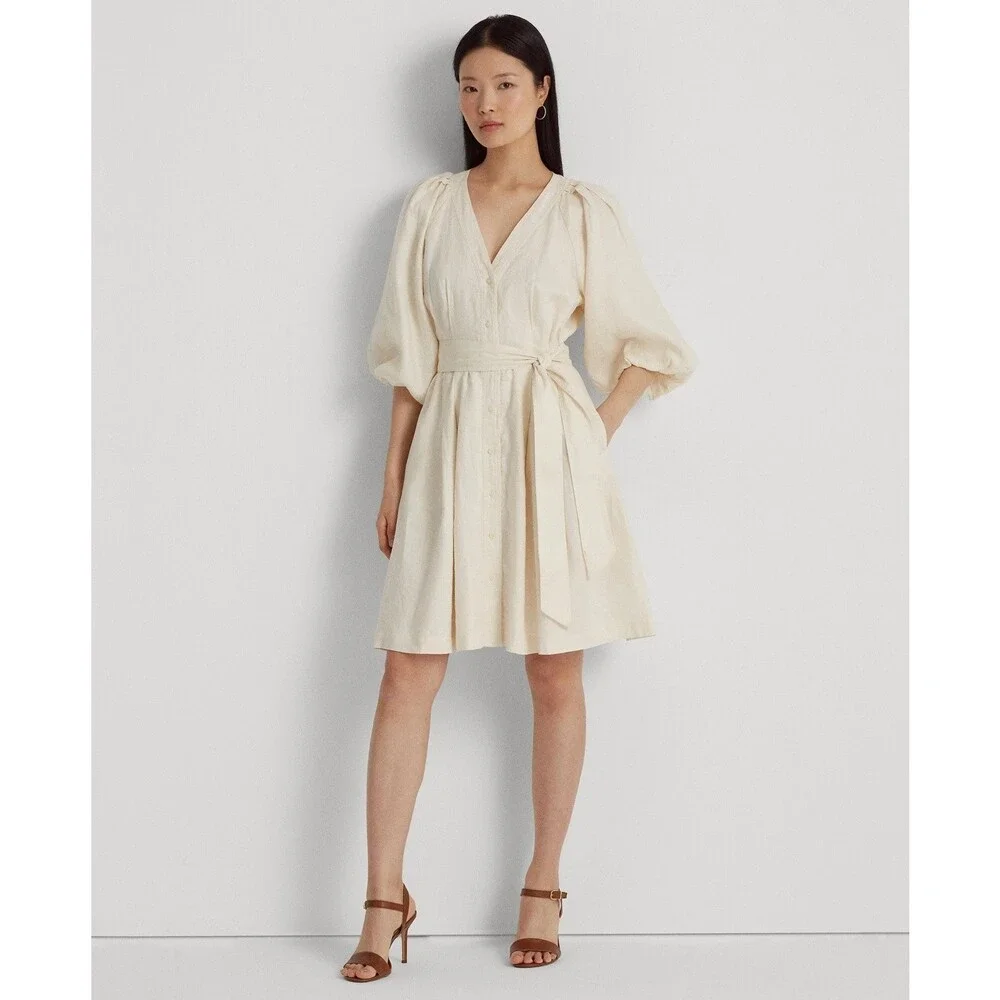 ralph lauren cream dress Lauren Ralph Lauren Women's Belted Linen Bubble-Sleeve Dress Mascarpone Cream 6